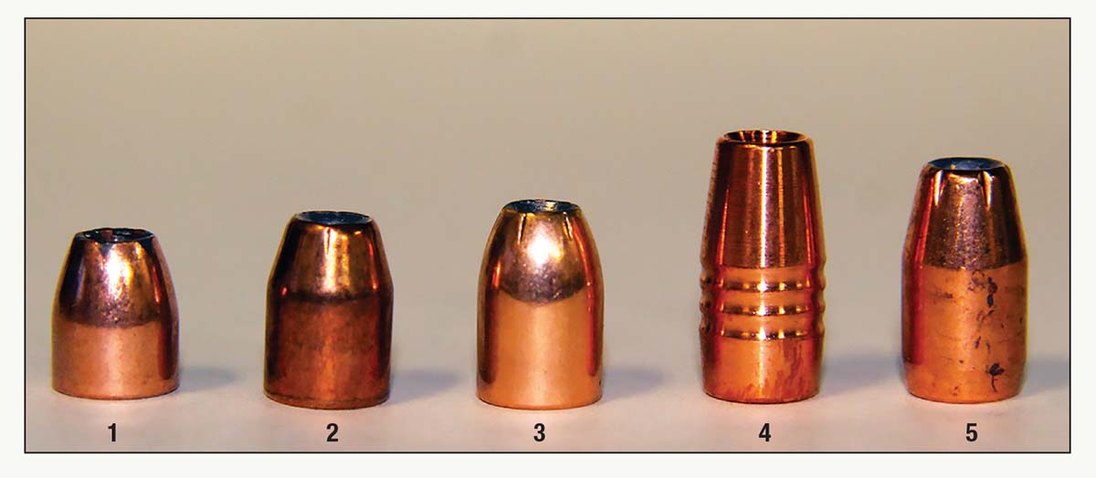Bullets used to test the 38 Super Automatic included: (1) Speer 90-grain Gold Dot, (2) Sierra 115-grain SportsMaster HP, (3) Rocky Mountain Reloading (RMR) 124-grain Nuke, (4) Hammer Bullets 137-grain Jack Hammer and (5) Hornady 147-grain XTP.